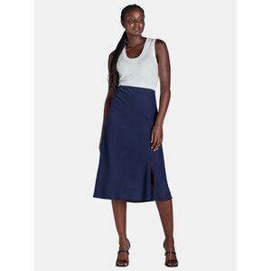 Navy Satin Slip Skirt Midi Navy Skirt with Side Slit Size Large